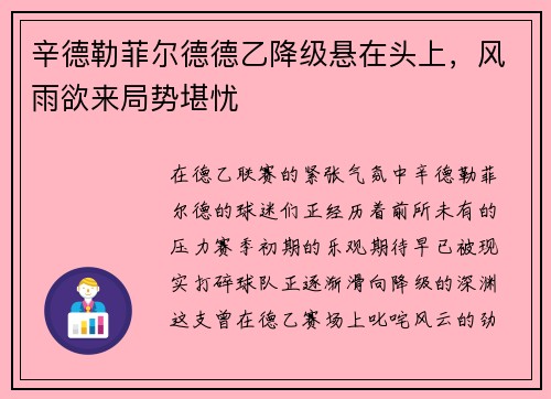 辛德勒菲尔德德乙降级悬在头上，风雨欲来局势堪忧